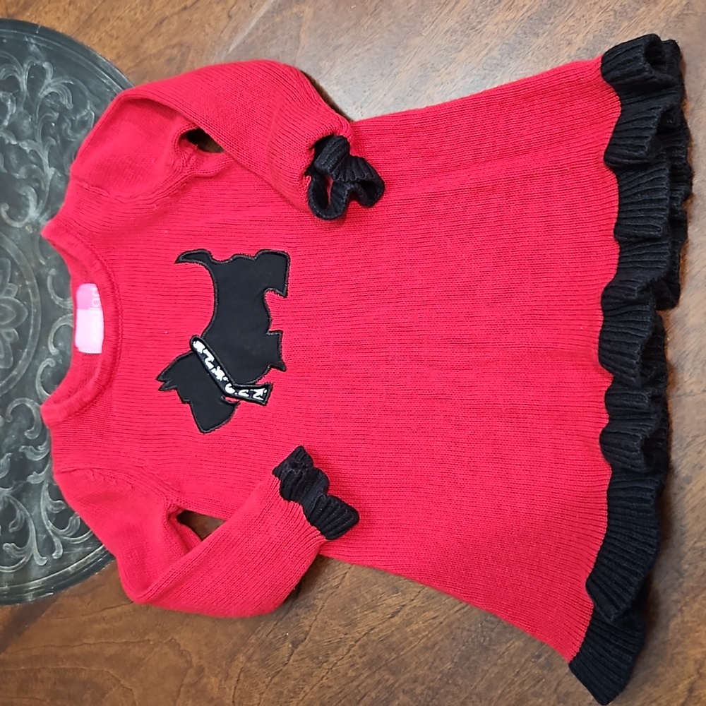 Red Sweater Dress Scottie dog on front black ruffles around the bottom 2T